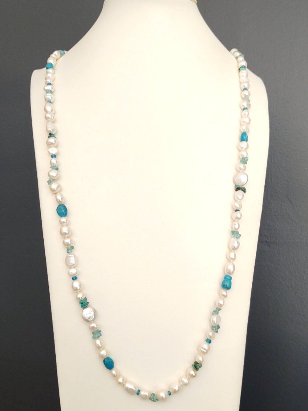 Faux pearl and mixed blue bead necklace